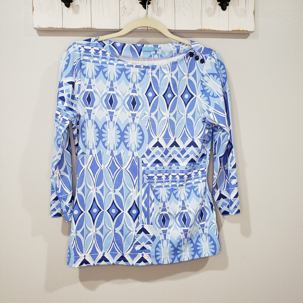J McLaughlin Womens S Blue Geometric Print Top Boat Neck 3/4 Sleeve Stretch